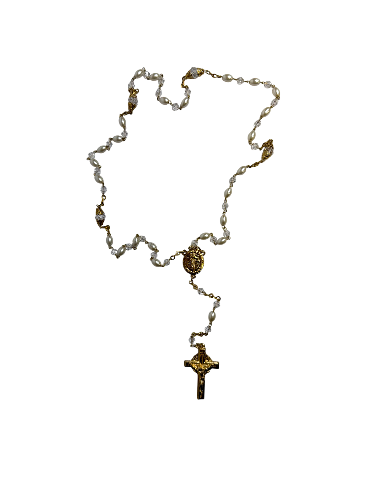 White Pearl Quinceañera Rosary with Gold Crucifix