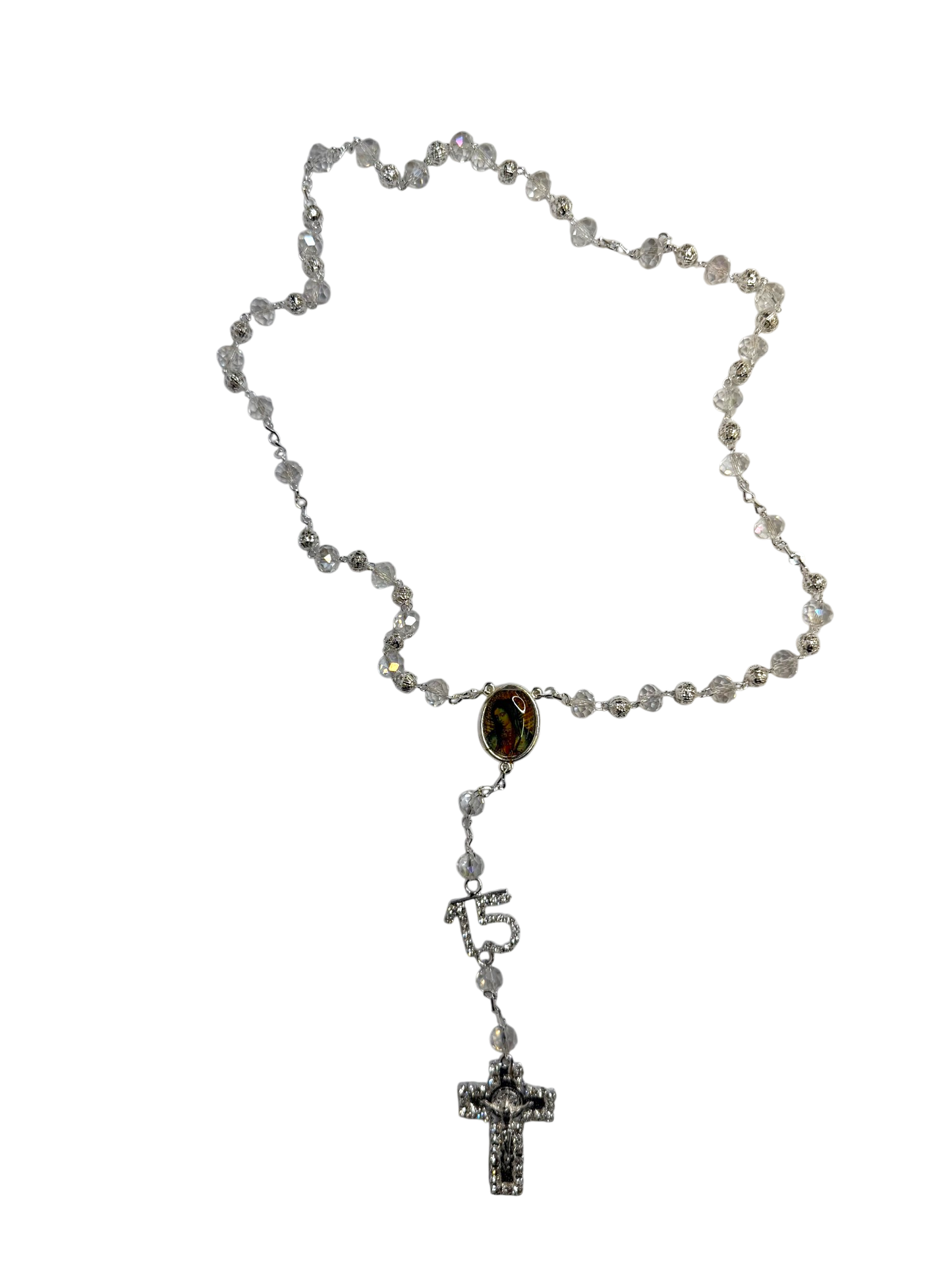 Crystal Quinceañera 15 Rosary with Silver Cross & Virgin of Guadalupe