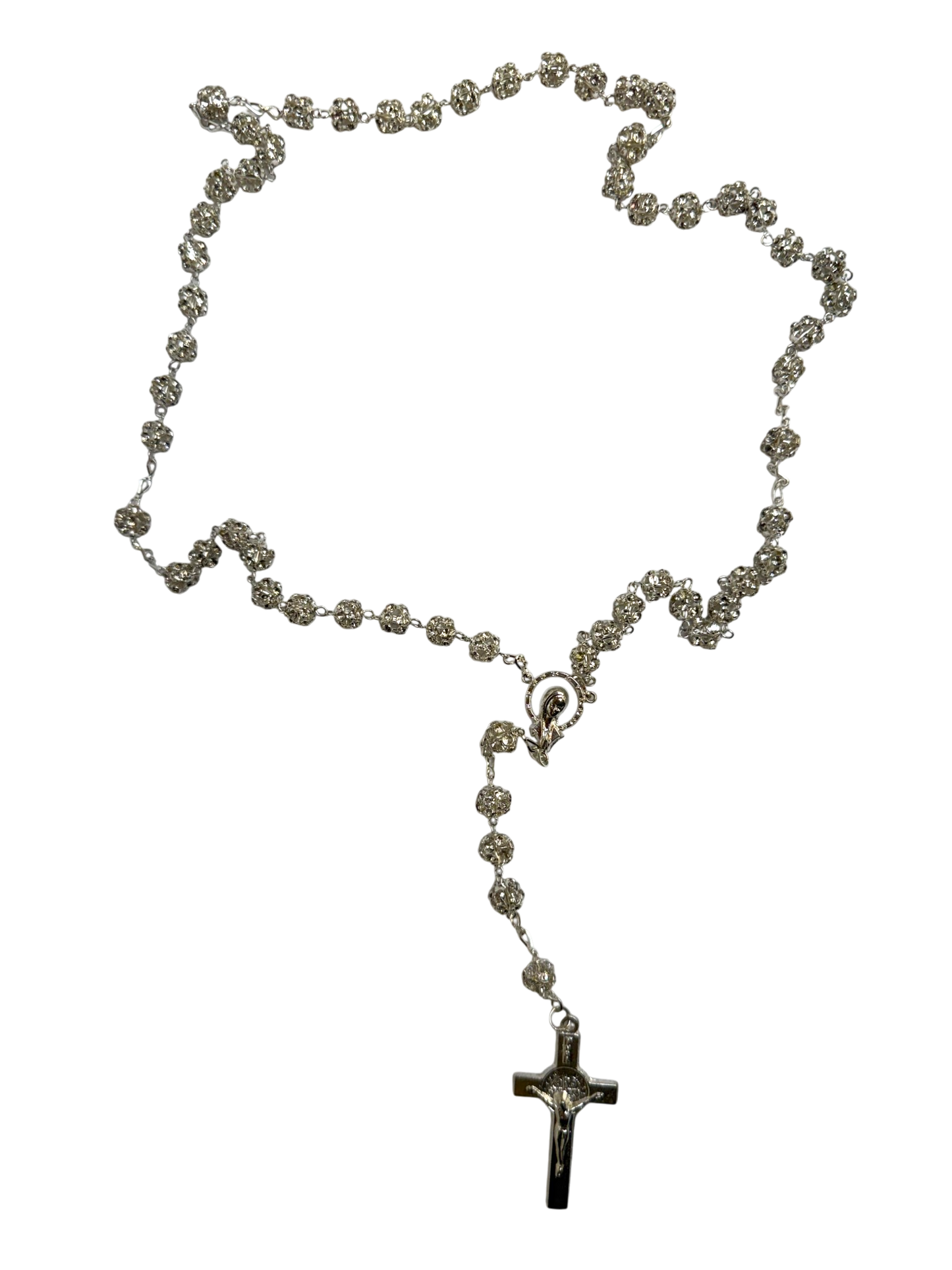 Silver Crystal Quinceañera Rosary with Traditional Cross