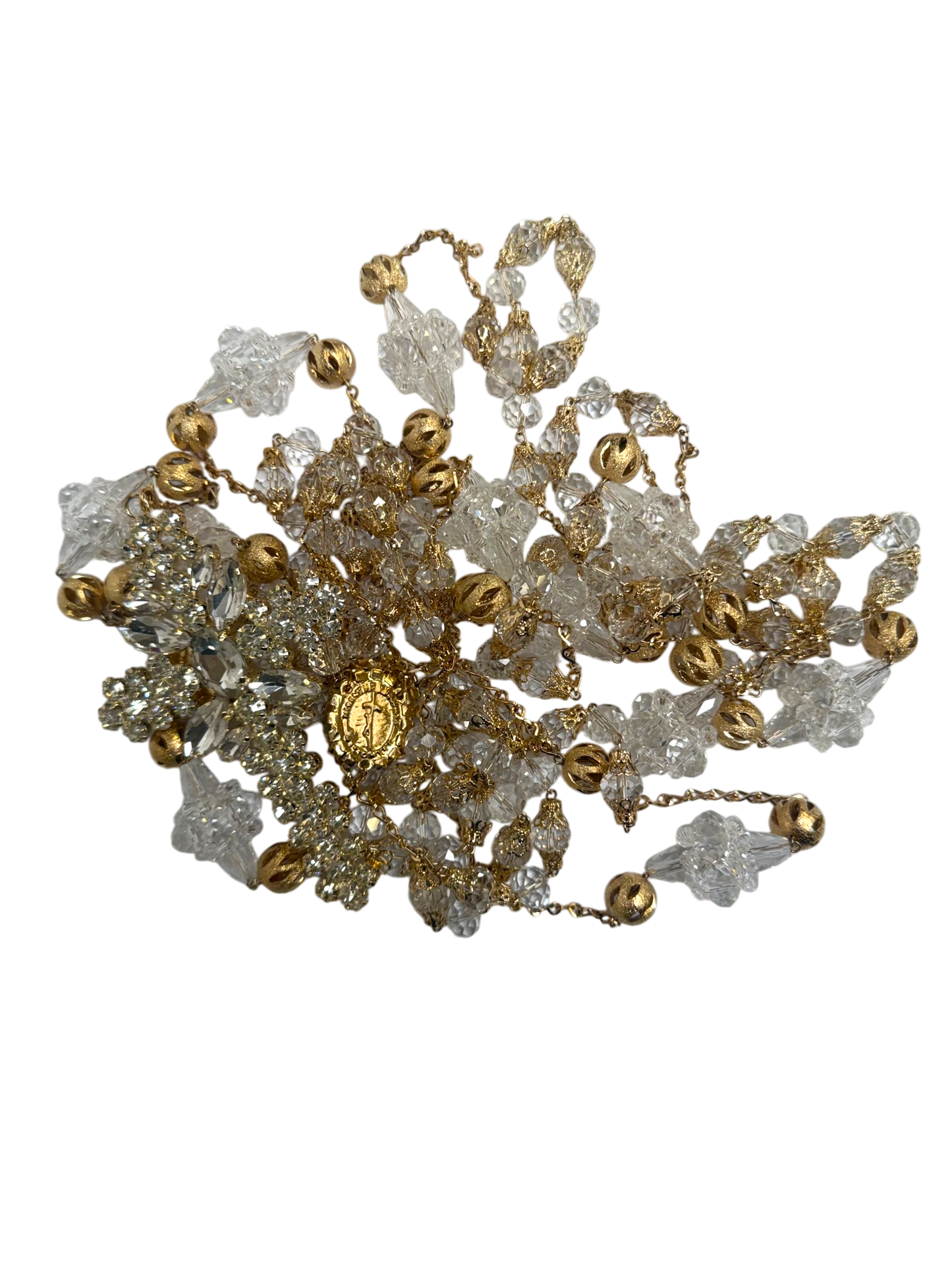 Lazo Matrimonial de Cristal Transparente con Cruz de Pedrería y Medalla de la Virgen
