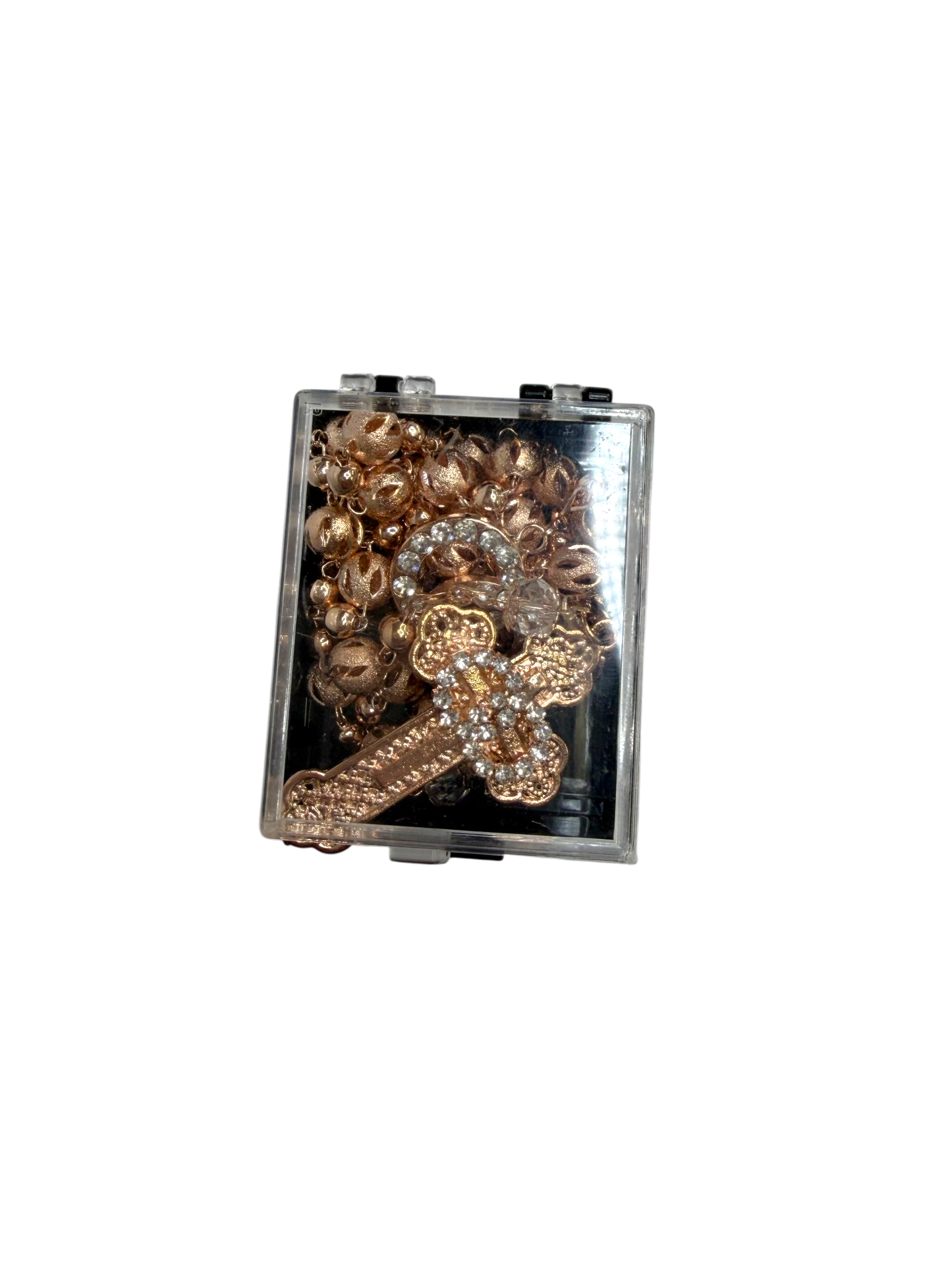 Rosario de Cristal Oro Rosa con Cruz de Pedrería y Anillos de Unión