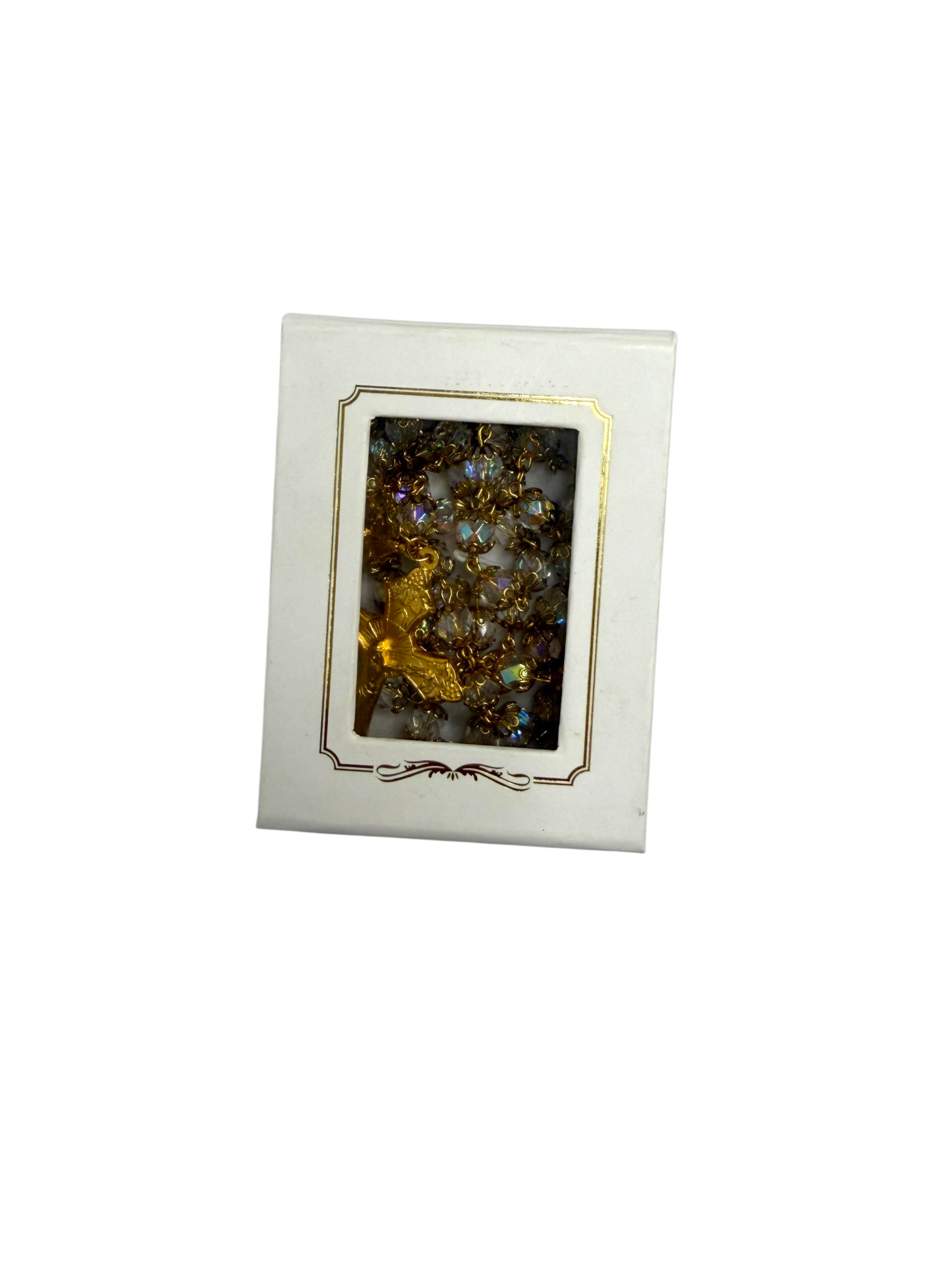 Rosario Católico Dorado con Cristales Aurora Boreal y Crucifijo Clásico