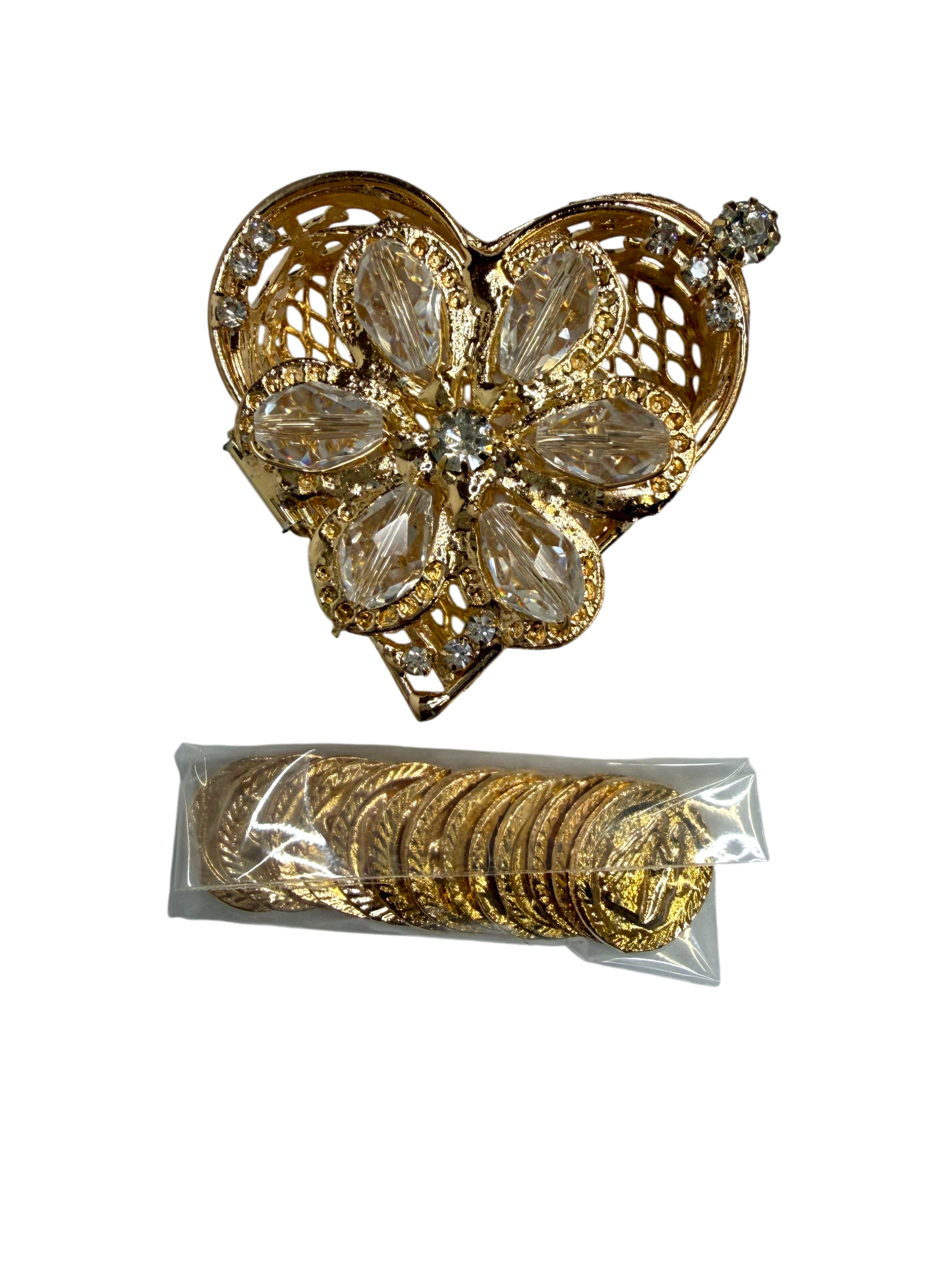 Arras Matrimoniales Doradas con Caja Corazón de Cristal
