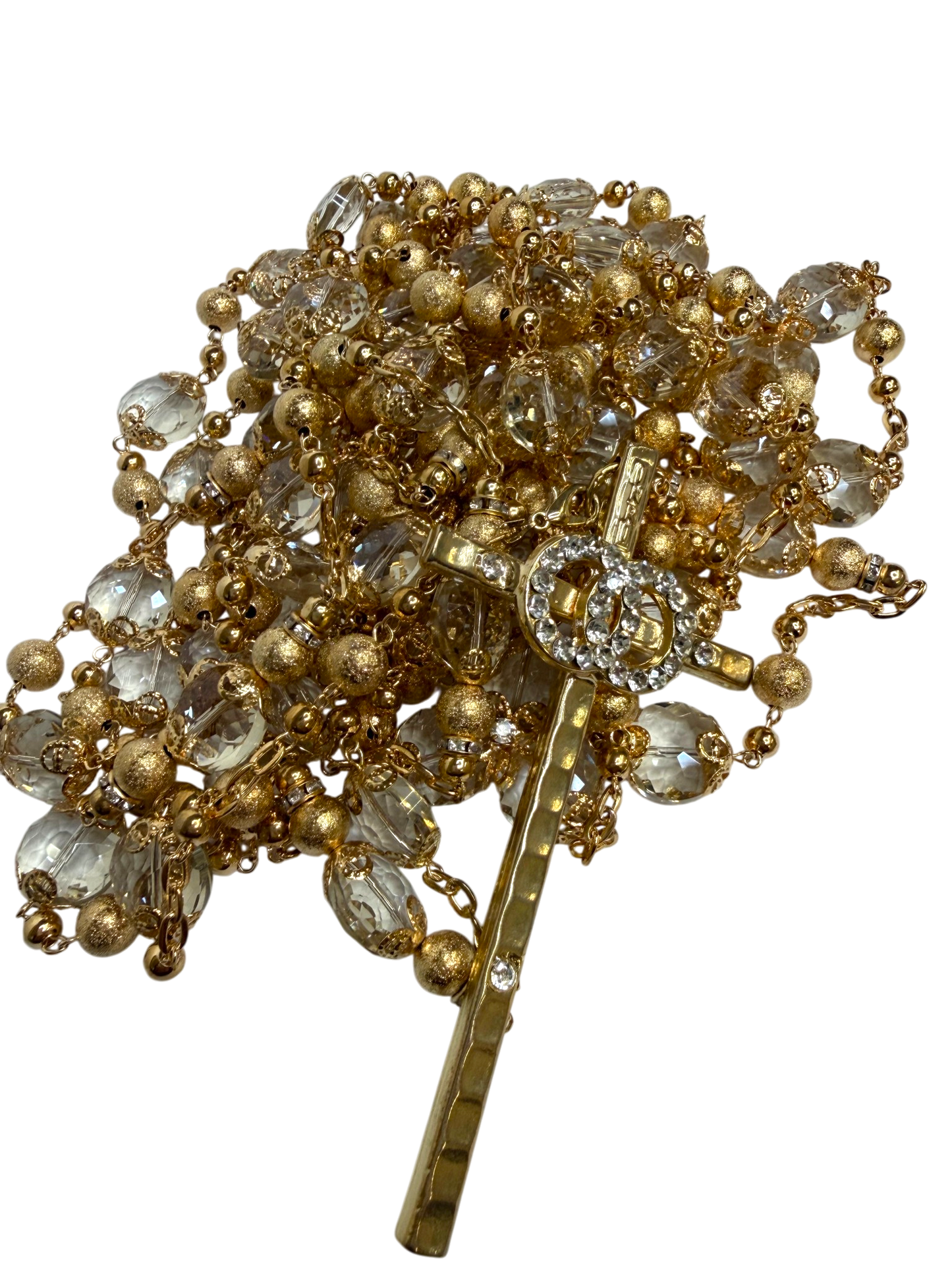 Lazo de Boda de Cristal con Cruz y Anillos Dorados