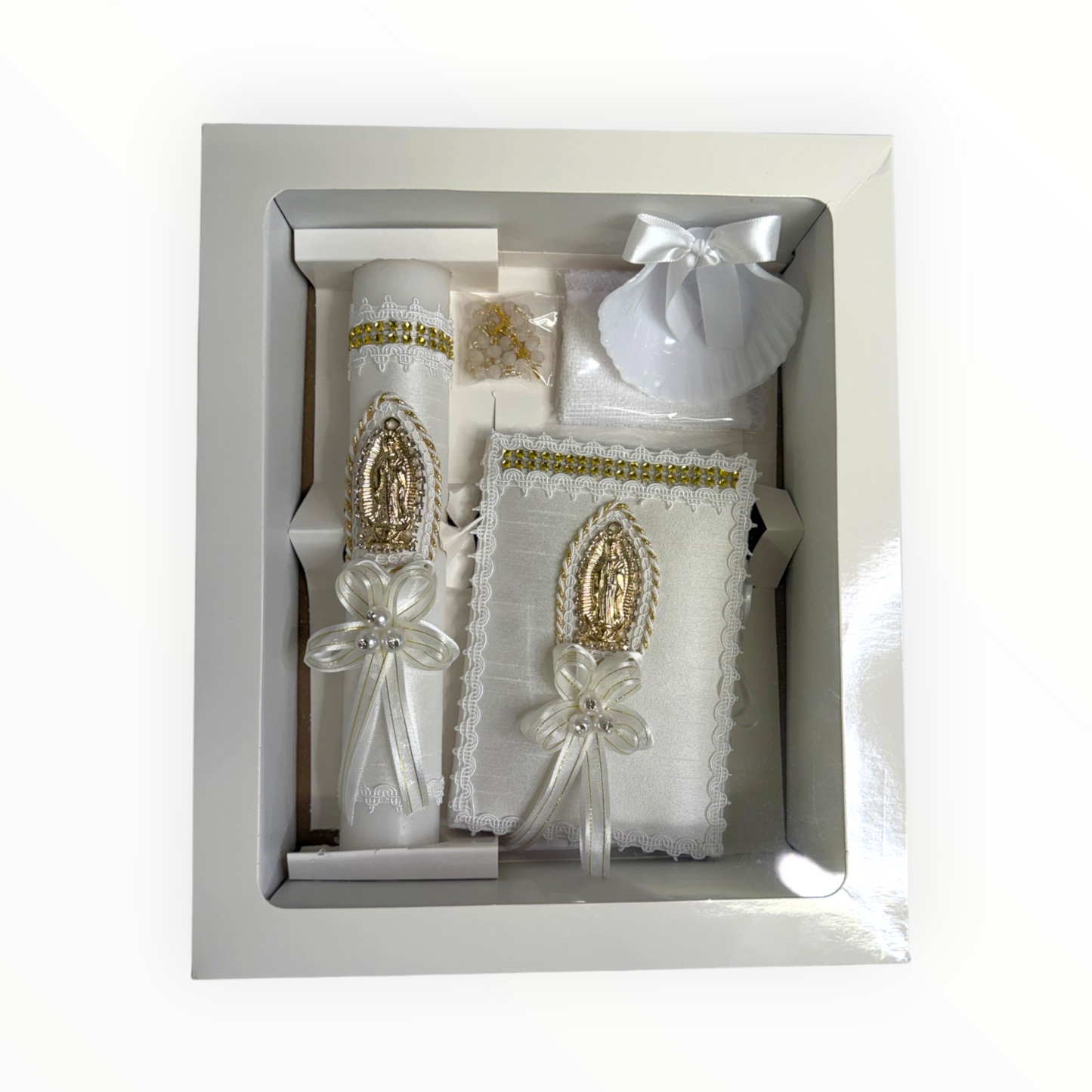 Virgen de Guadalupe Baptism Candle Set – White & Gold