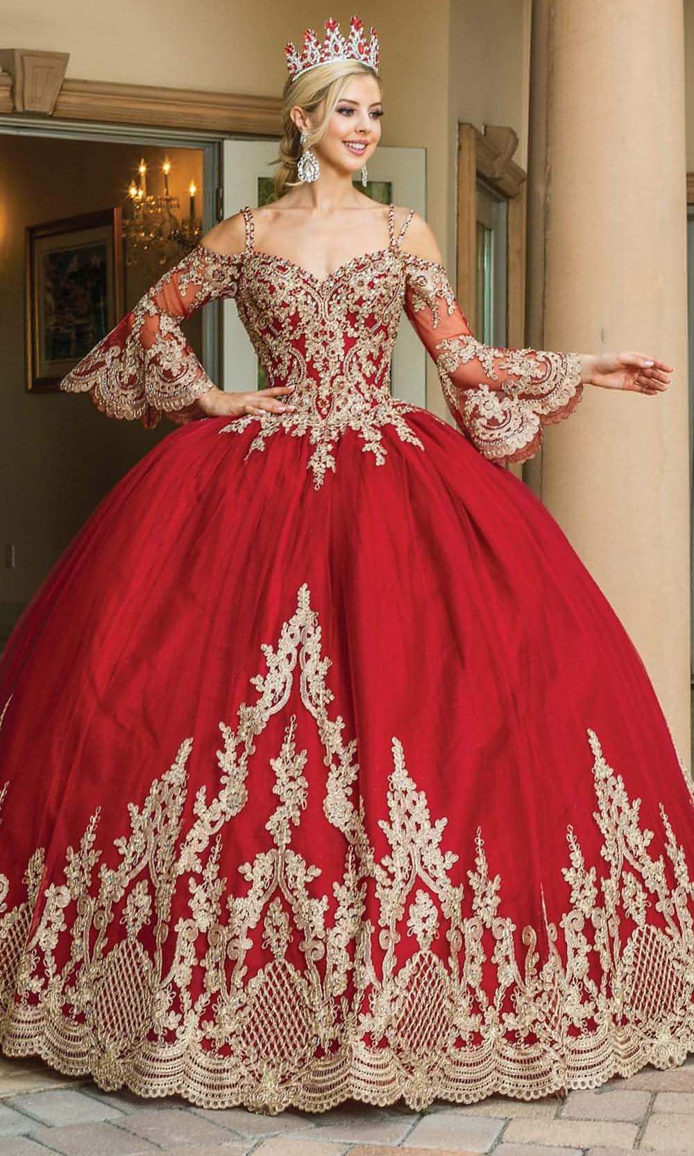 Dancing Queen - 1614 Bell Sleeve Metallic Ornate Gown | Mis Quince Primaveras Dancing Queen - 1614 Bell Sleeve Metallic Ornate Gown | Mis Quince Primaveras