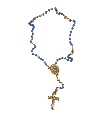 Blue Crystal Quinceañera Rosary with Gold Cross