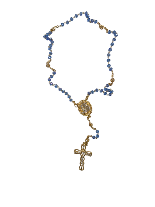 Blue Crystal Quinceañera Rosary with Gold Cross - Mis Quince Primaveras