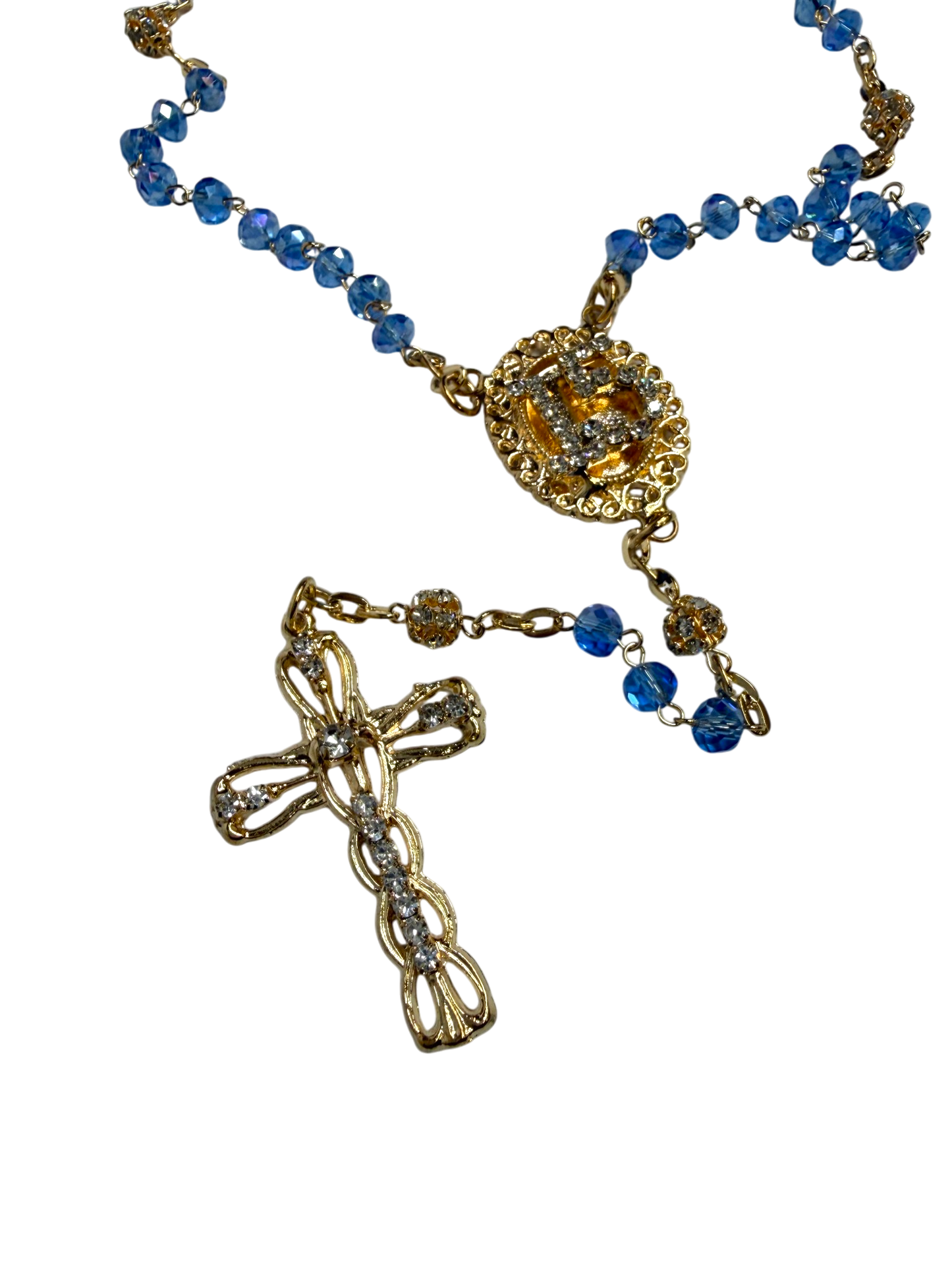 Blue Crystal Quinceañera Rosary with Gold Cross