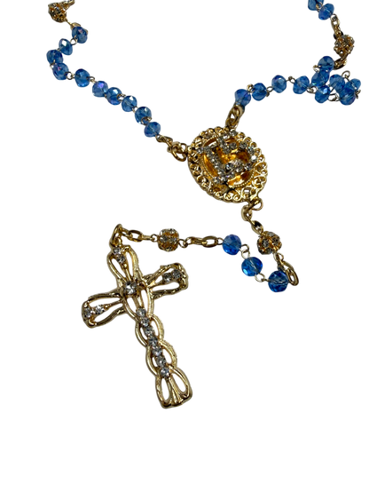 Blue Crystal Quinceañera Rosary with Gold Cross