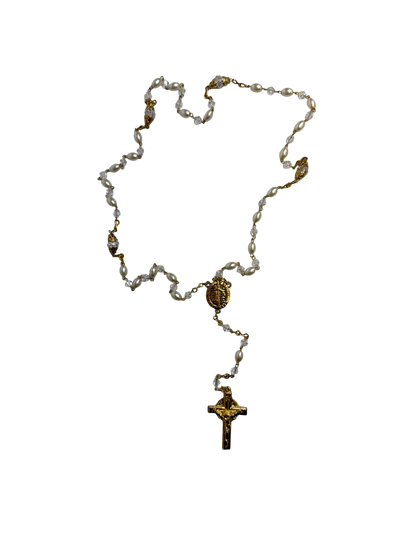 White Pearl Quinceañera Rosary with Gold Crucifix