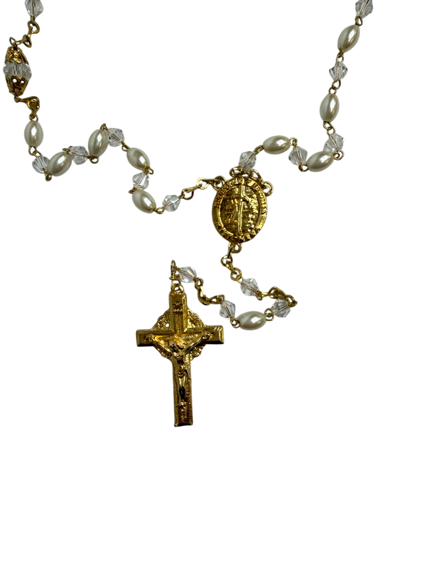 White Pearl Quinceañera Rosary with Gold Crucifix