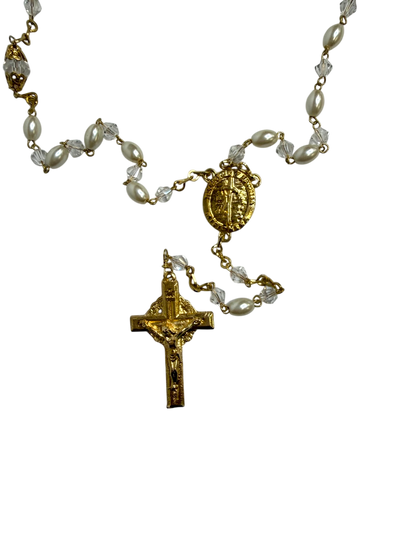 White Pearl Quinceañera Rosary with Gold Crucifix