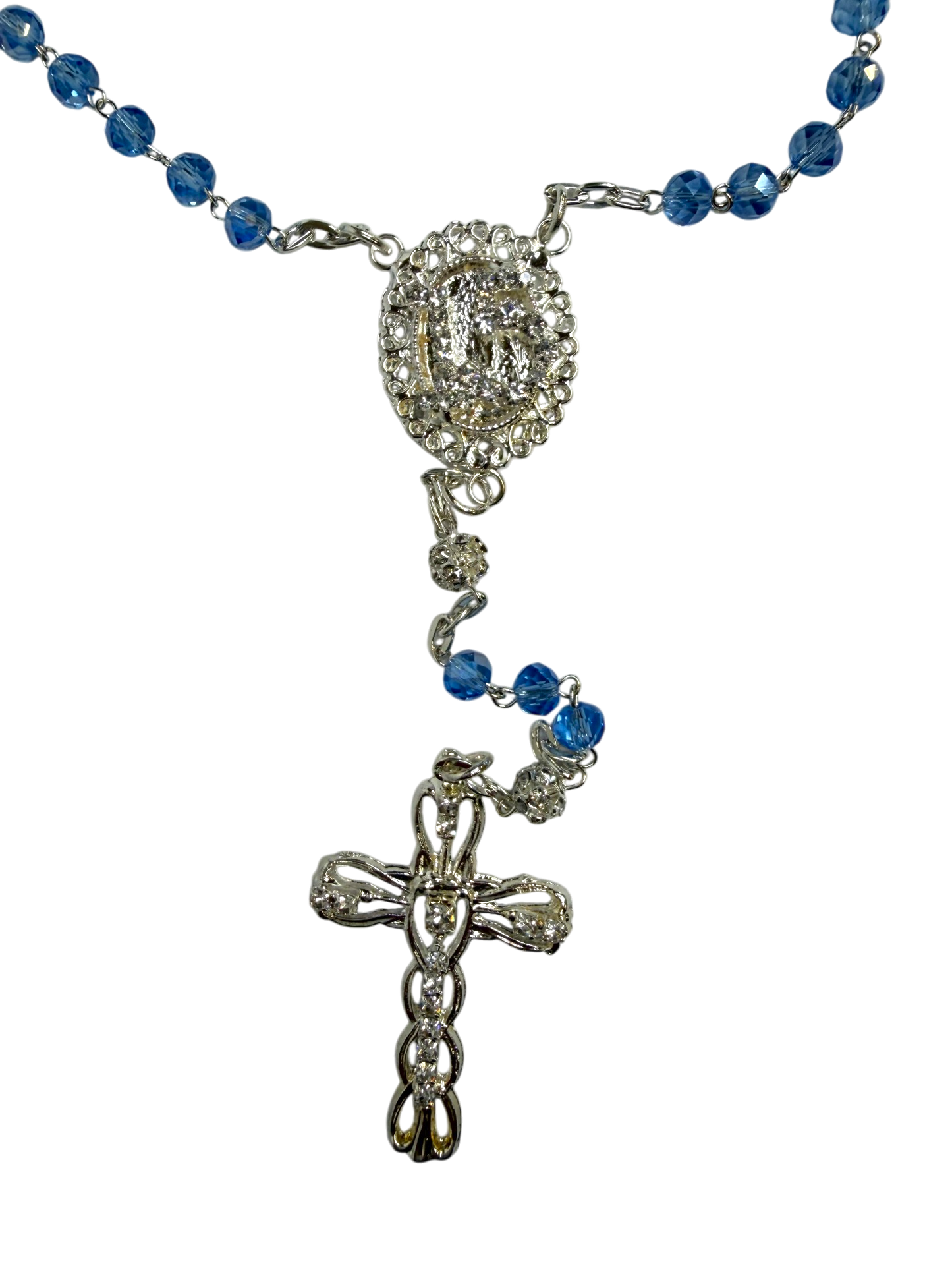 Royal Blue Crystal Quinceañera Rosary with Silver Cross
