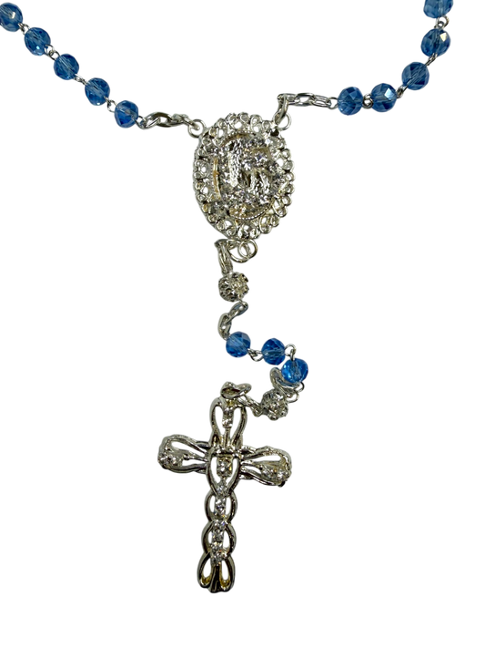 Royal Blue Crystal Quinceañera Rosary with Silver Cross - Mis Quince Primaveras