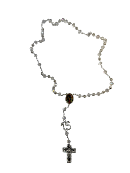 Crystal Quinceañera 15 Rosary with Silver Cross & Virgin of Guadalupe
