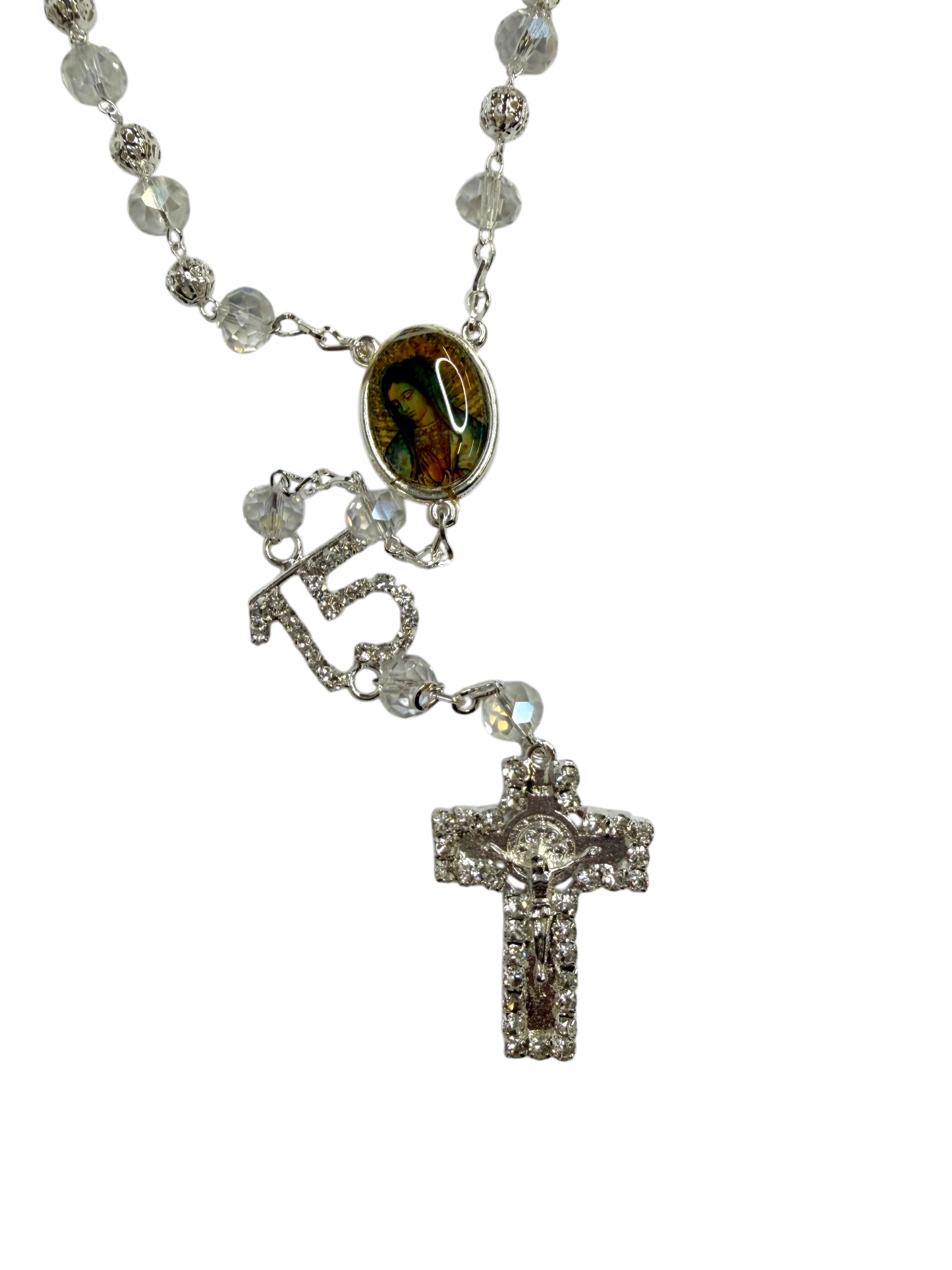 Crystal Quinceañera 15 Rosary with Silver Cross & Virgin of Guadalupe