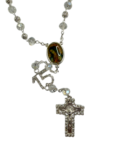 Crystal Quinceañera 15 Rosary with Silver Cross & Virgin of Guadalupe