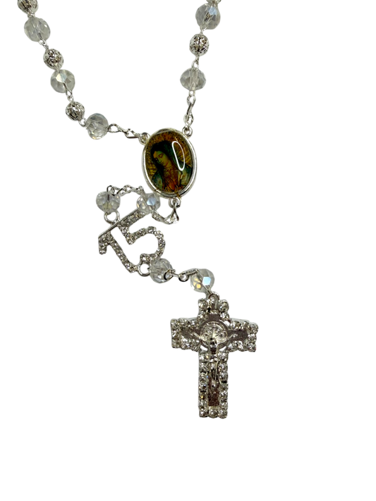 Crystal Quinceañera 15 Rosary with Silver Cross & Virgin of Guadalupe - Mis Quince Primaveras