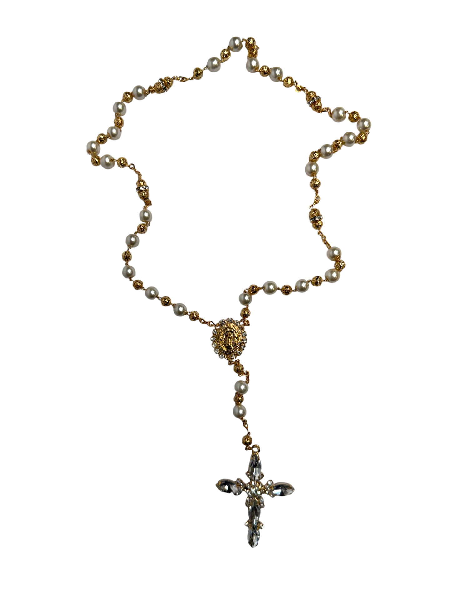 Luxury Pearl Quinceañera Rosary with Crystal Cross & Virgin of Guadalupe