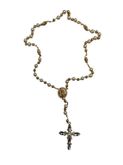 Luxury Pearl Quinceañera Rosary with Crystal Cross & Virgin of Guadalupe