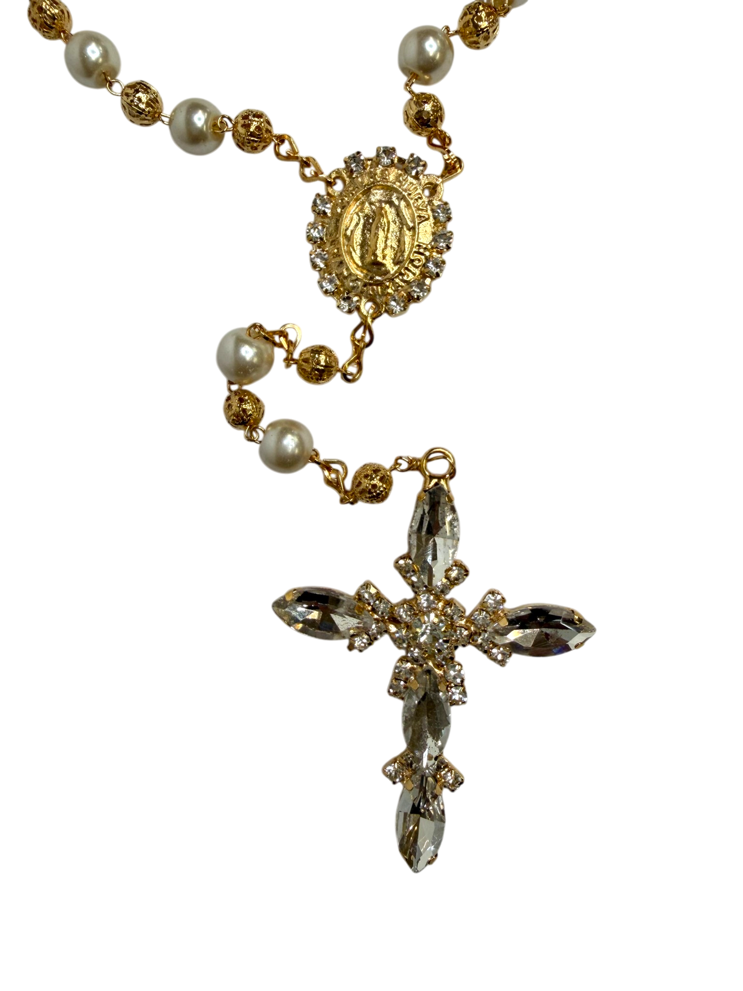 Luxury Pearl Quinceañera Rosary with Crystal Cross & Virgin of Guadalupe