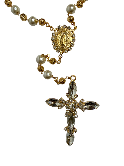 Luxury Pearl Quinceañera Rosary with Crystal Cross & Virgin of Guadalupe