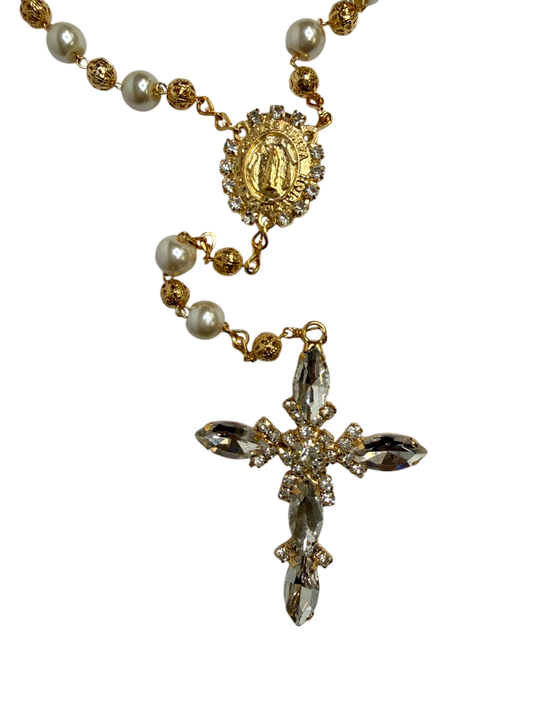 Luxury Pearl Quinceañera Rosary with Crystal Cross & Virgin of Guadalupe - Mis Quince Primaveras