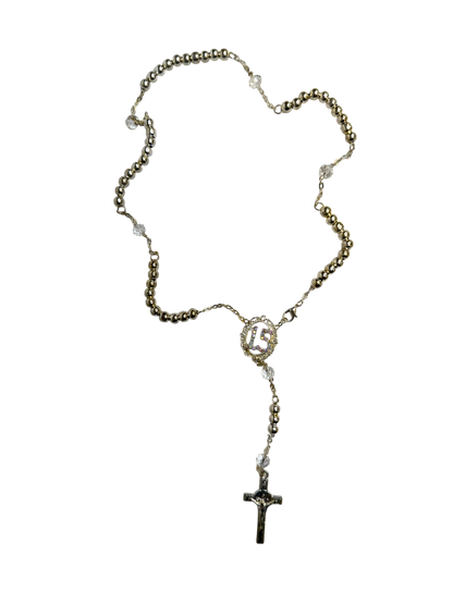 Silver Quinceañera 15 Rosary with Crystal Accents