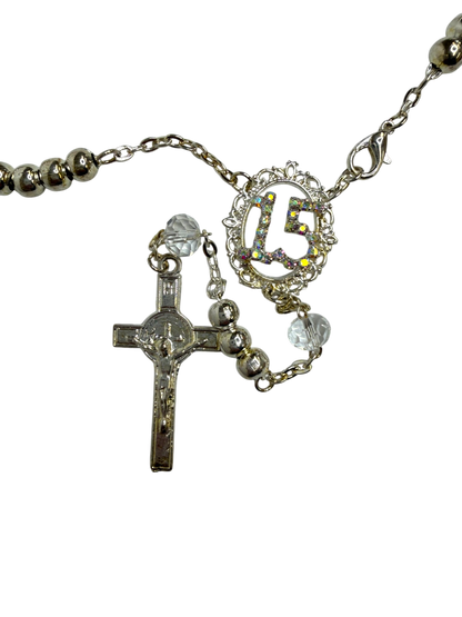 Silver Quinceañera 15 Rosary with Crystal Accents