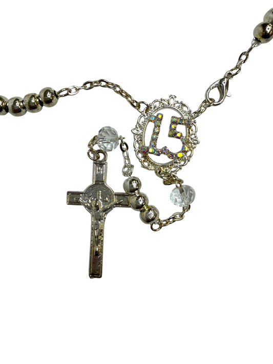 Silver Quinceañera 15 Rosary with Crystal Accents - Mis Quince Primaveras