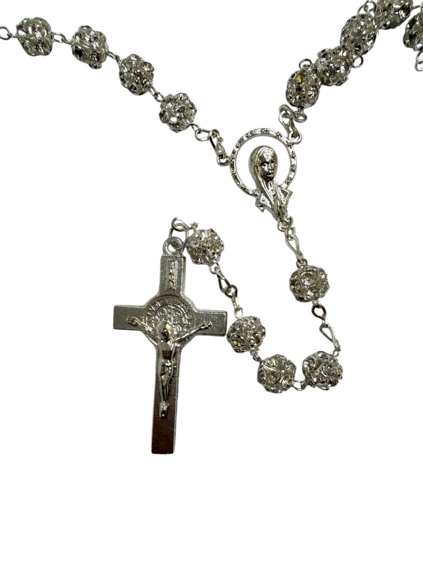 Silver Crystal Quinceañera Rosary with Traditional Cross