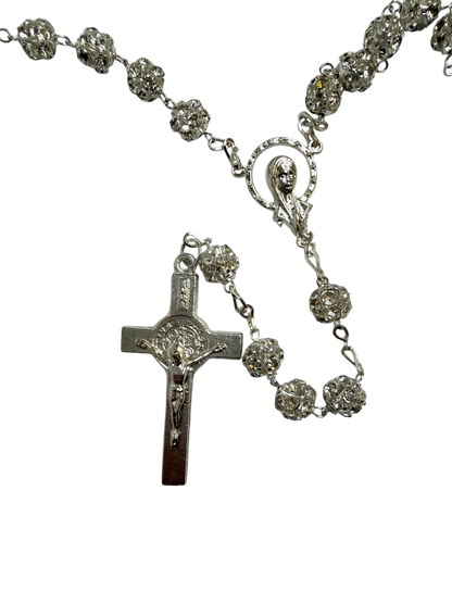 Silver Crystal Quinceañera Rosary with Traditional Cross