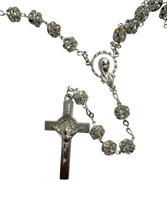 Silver Crystal Quinceañera Rosary with Traditional Cross - Mis Quince Primaveras