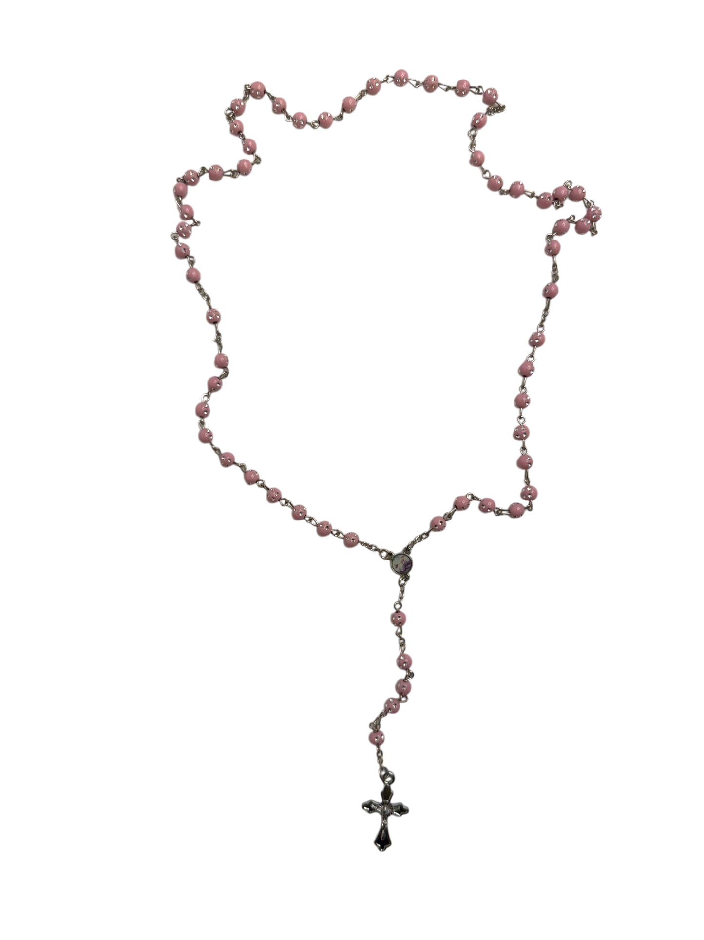 Pink Rhinestone Quinceañera Rosary with Silver Cross