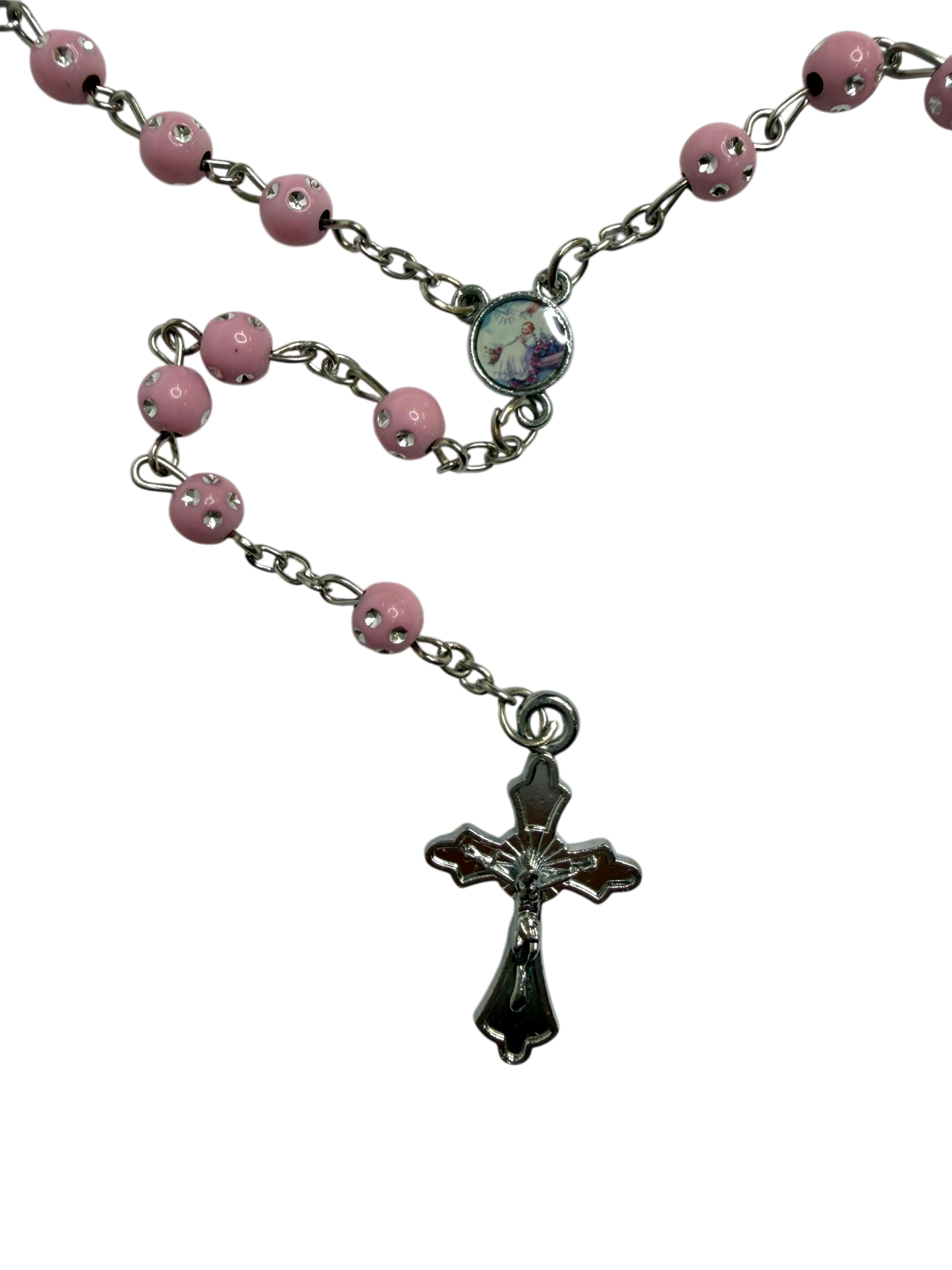 Pink Rhinestone Quinceañera Rosary with Silver Cross