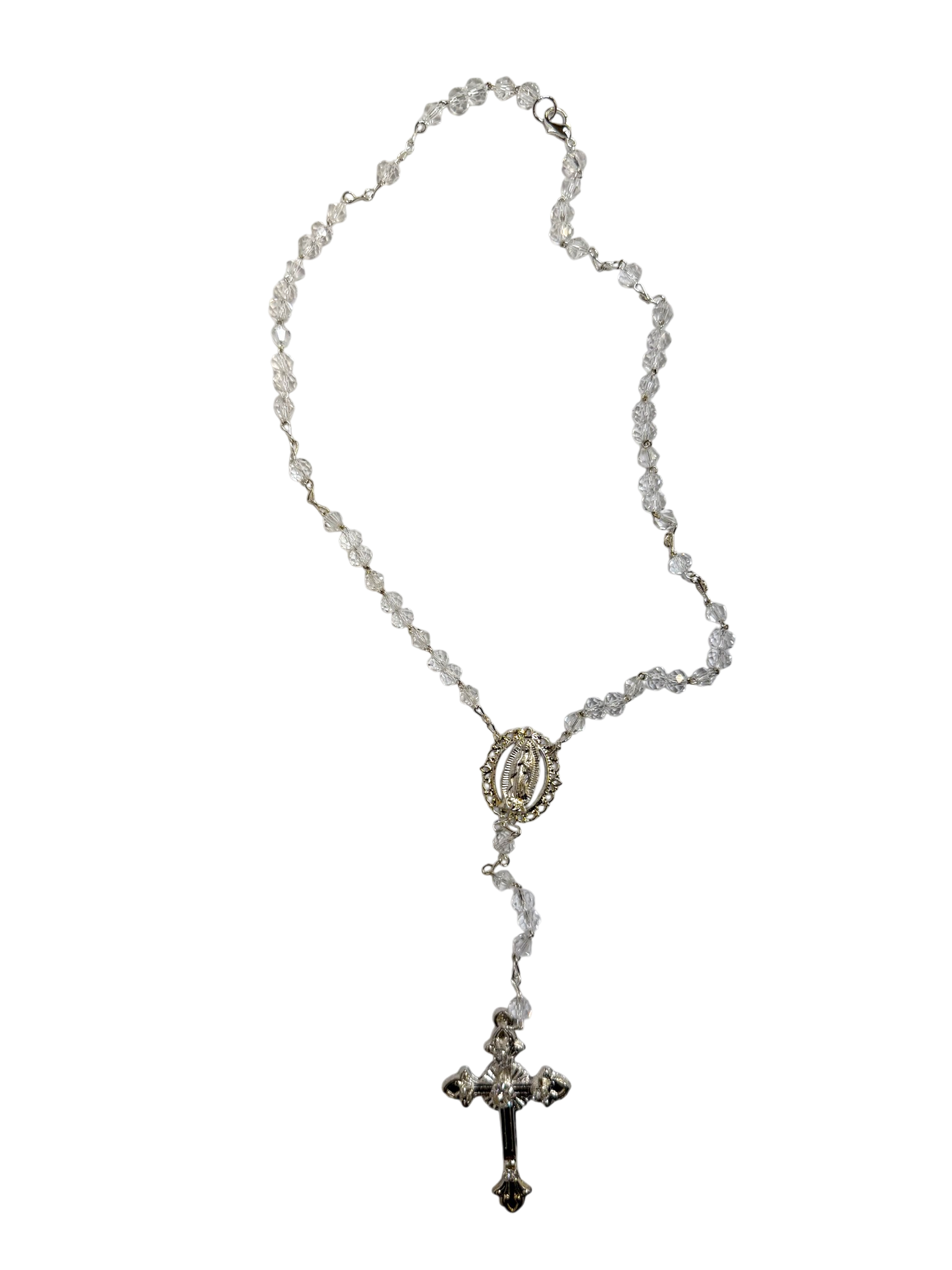 Clear Crystal Quinceañera Rosary with Silver Cross & Virgin of Guadalupe