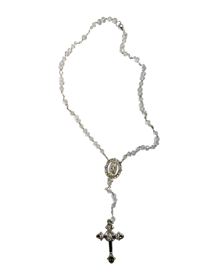 Clear Crystal Quinceañera Rosary with Silver Cross & Virgin of Guadalupe