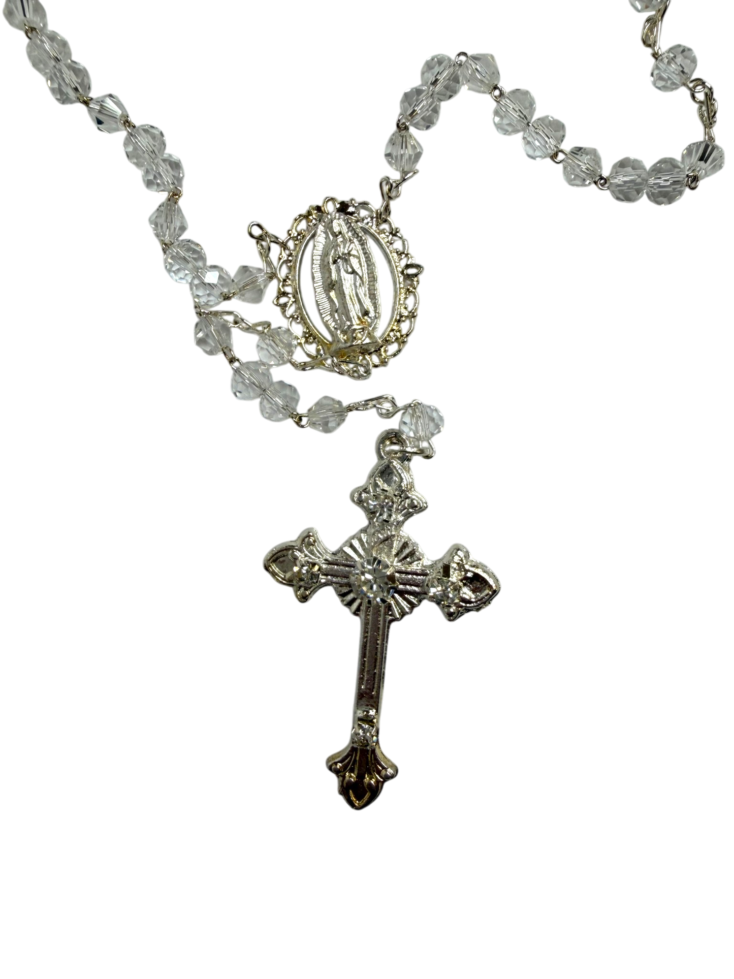 Clear Crystal Quinceañera Rosary with Silver Cross & Virgin of Guadalupe