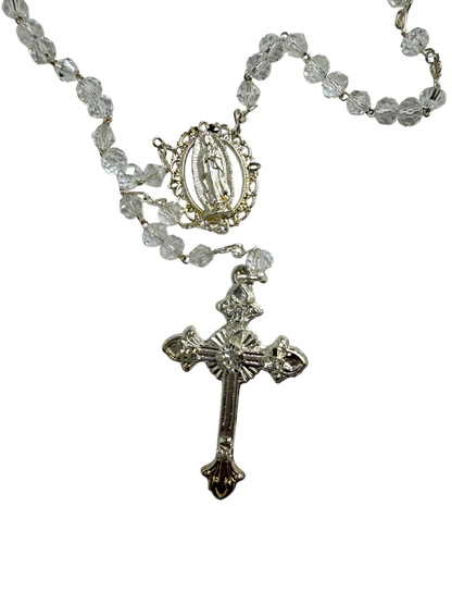 Clear Crystal Quinceañera Rosary with Silver Cross & Virgin of Guadalupe