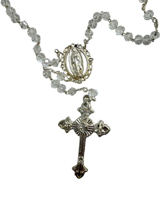 Clear Crystal Quinceañera Rosary with Silver Cross & Virgin of Guadalupe - Mis Quince Primaveras