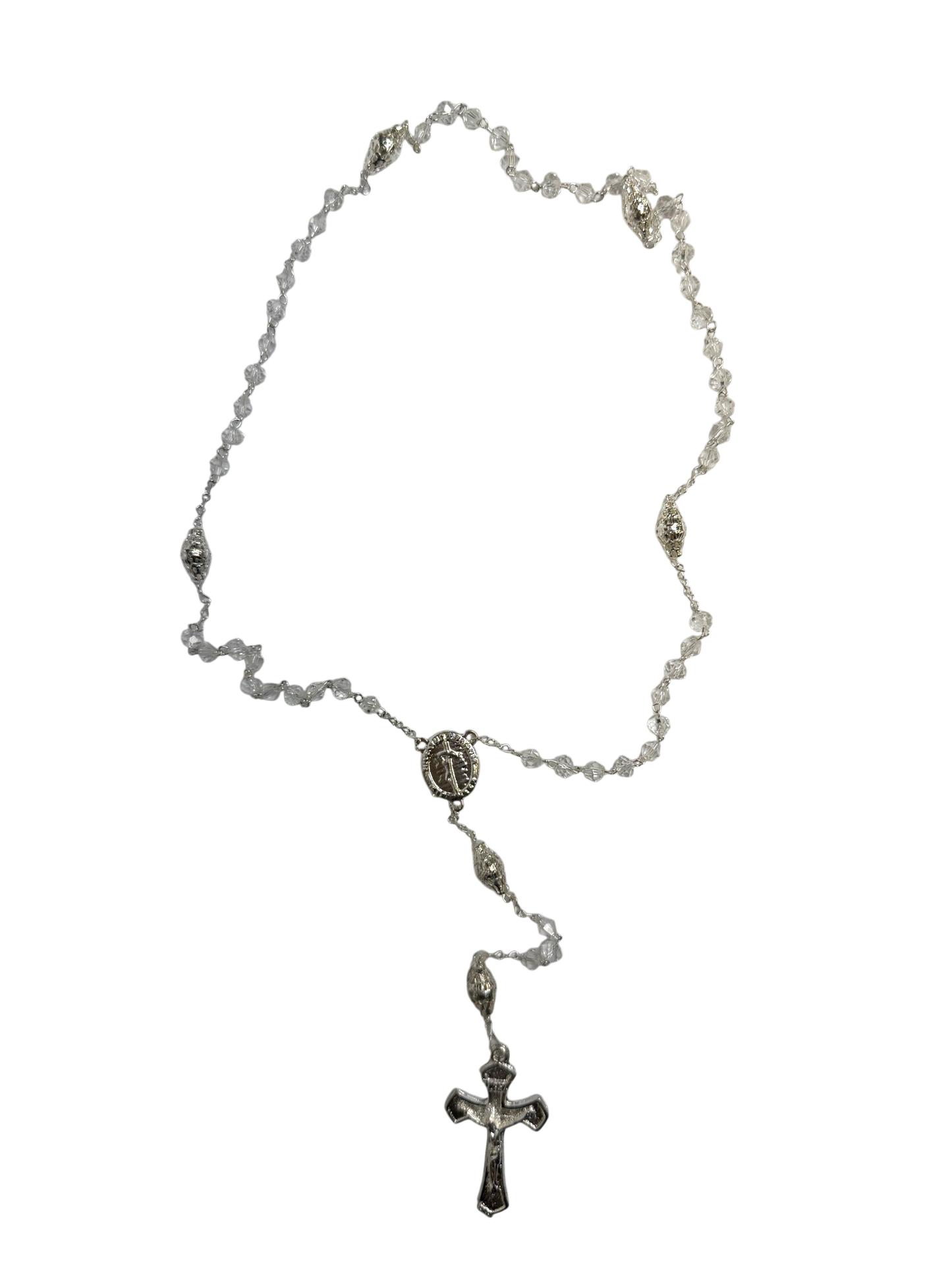 Heirloom Crystal Communion Rosary with Silver Crucifix & Marian Centerpiece