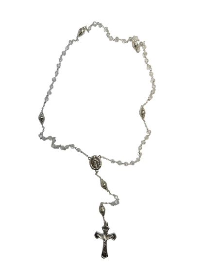 Heirloom Crystal Communion Rosary with Silver Crucifix & Marian Centerpiece