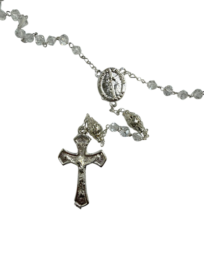 Heirloom Crystal Communion Rosary with Silver Crucifix & Marian Centerpiece