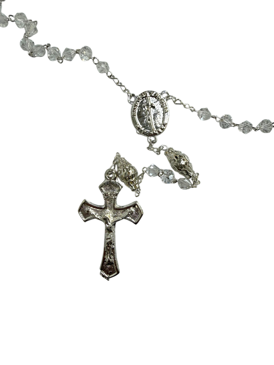 Heirloom Crystal Communion Rosary with Silver Crucifix & Marian Centerpiece - Mis Quince Primaveras