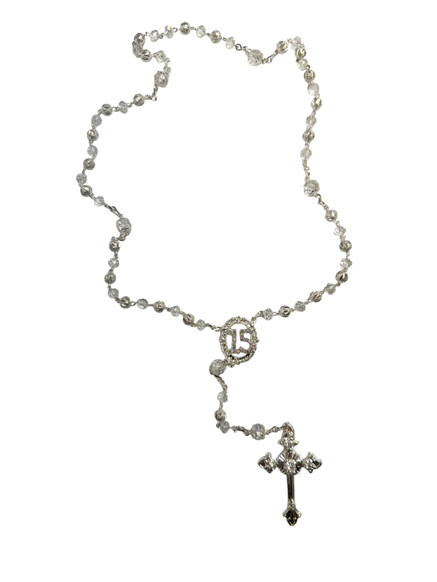 Crystal "15" Quinceañera Rosary with Rhinestone Centerpiece & Silver Crucifix