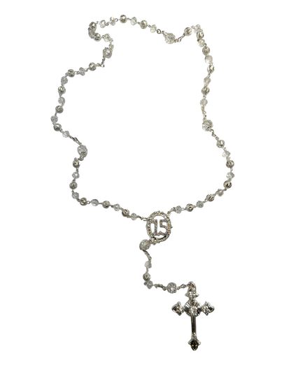 Crystal "15" Quinceañera Rosary with Rhinestone Centerpiece & Silver Crucifix