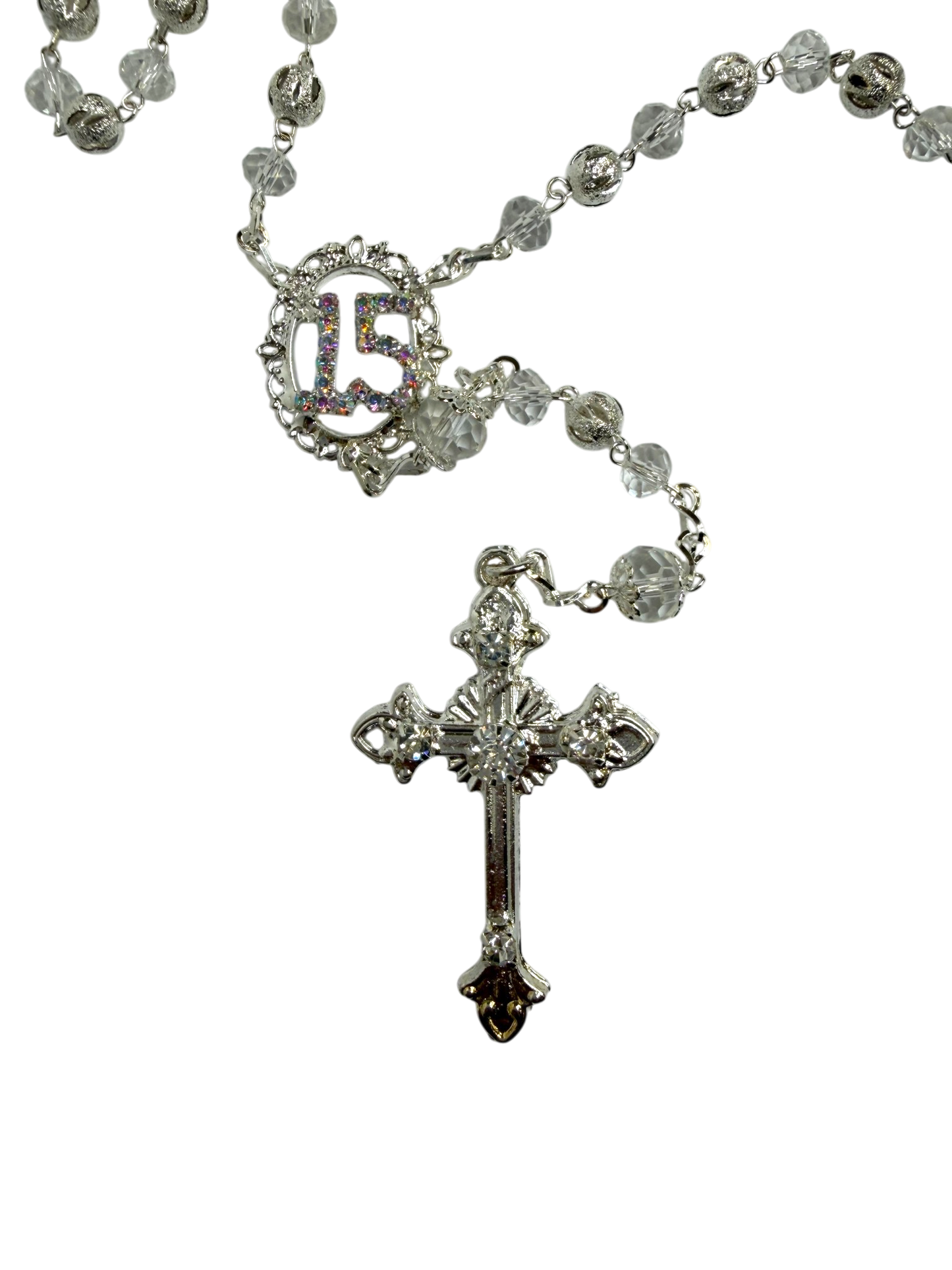 Crystal "15" Quinceañera Rosary with Rhinestone Centerpiece & Silver Crucifix