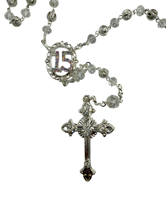 Crystal "15" Quinceañera Rosary with Rhinestone Centerpiece & Silver Crucifix - Mis Quince Primaveras