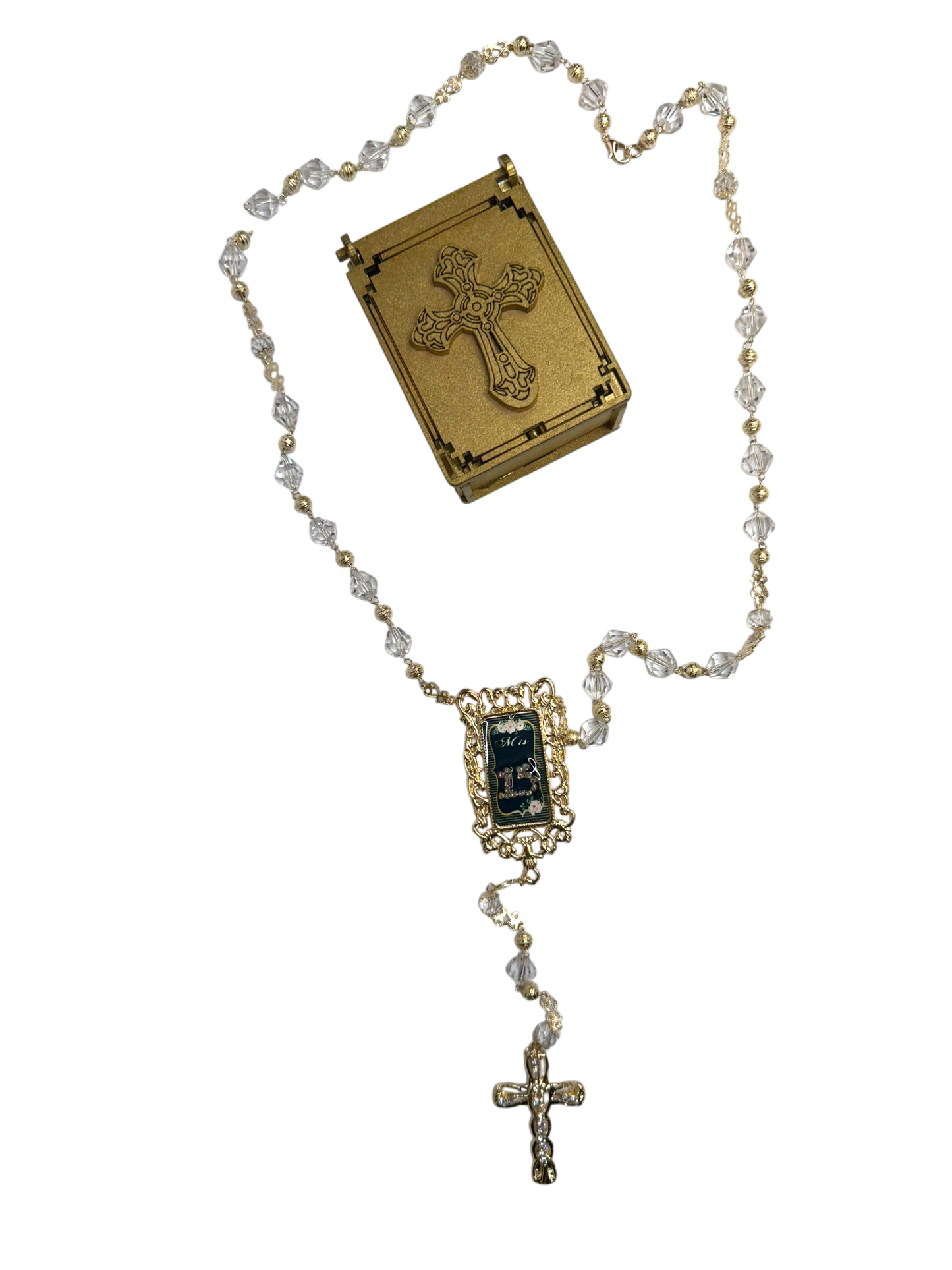 Crystal Quinceañera Rosary with Decorative Gold Prayer Box & "Mis 15" Centerpiece